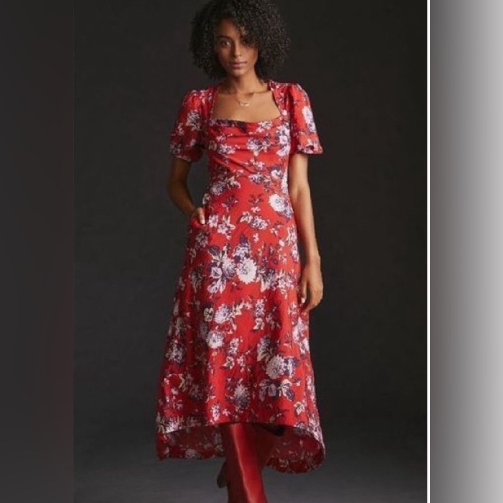 Anthropologie Maeve Sz 14 Red Floral Puff Sleeve Hi Lo Square Neck Midi Dress